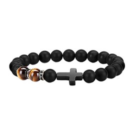 YangQian Cross Bracelet for Men Tiger Eye Catholic Rosary Bracelet for Men Boys Adjustable Natural Crystal Stone Bead Anti Anxiety Stretch Bracelet