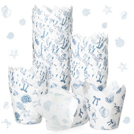 200 Pcs Blue Coastal Bow Tulip Cupcake Liners Ocean Starfish Seashell Paper Baking Cup Muffin Baking Liner Tulip Cupcake Wrappers for Sea Summer Birthday Wedding Bachelorette Party Supplies