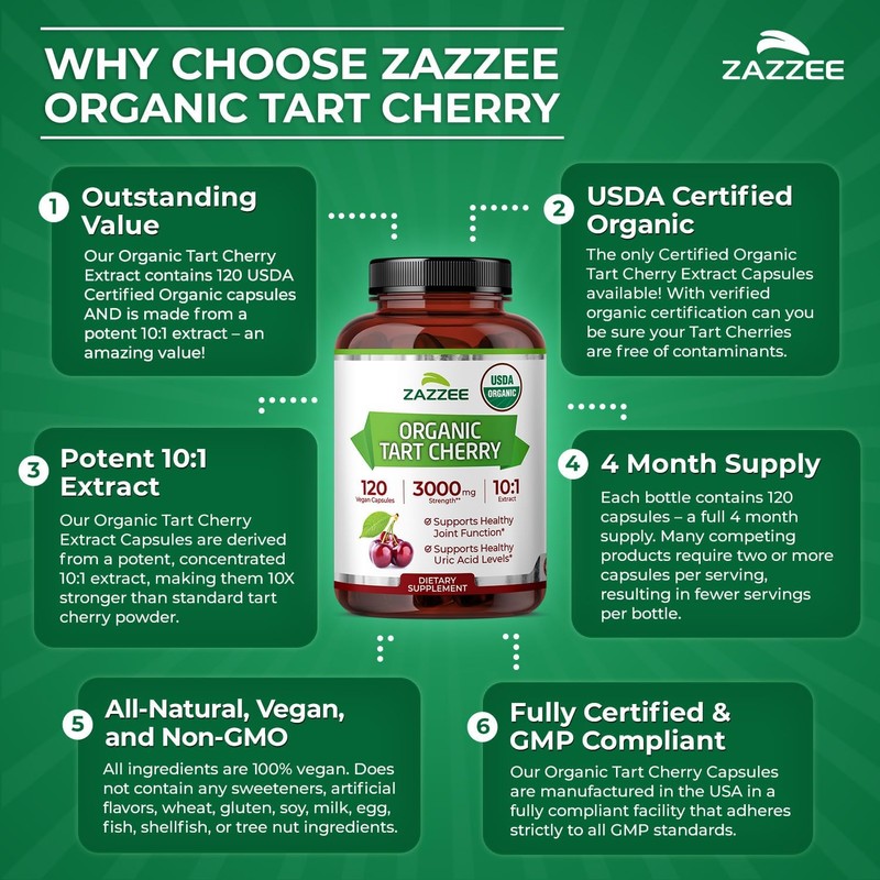 Zazzee USDA Organic Tart Cherry 10:1 Extract, 120 Vegan Capsules,