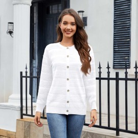 Bgklfeo Women's Lightweight Crew Neck Button Down Long Sleeve Cardigan Knit Open Front Sweater White