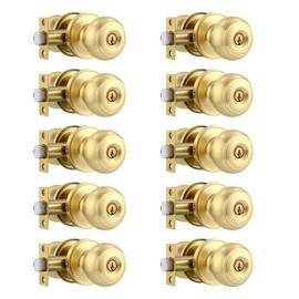 Karlstone 10 Pack Gold Interior Door Knobs, Polished Brass Round Ball Knobs Interior and Exterior Door Lock Reversible for Right or Left Handed Doors