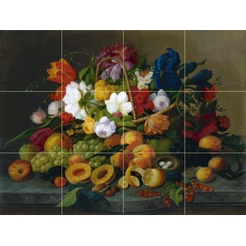 Fruit and Flowers by Severin Roesen Tile Mural Kitchen Bathroom Wall Backsplash Behind Stove Range Sink Splashback 4x3 4.25" Ceramic, Matte