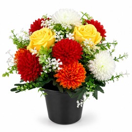 MOXTOYU Artificial Flowers for Graves, Grave Flower Pots with Chrysanthemum & Rose Funeral Flowers, Cemetery Memorial Bouquet, Faux Flowers for Graveside Decoration, Outdoor Memorial Garden Ornament