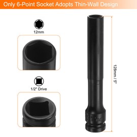 QUARKZMAN Deep Thin Wall Impact Socket 12 mm Metric 6 Point Socket 1/2 Inch Square Drive 5 Inch Extra Long Phosphated CR-V Steel Industrial Grade Spindle Axle Nut Socket, Black