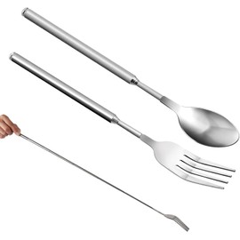 2 Piece Telescopic Fork Spoon Set, Extendable Fork, Long Telescopic Stainless Steel, Telescopic Spoon for Daily Cooking, Extendable Fork Spoon 22.1-64.6 cm, Telescopic Fork Spoon for BBQ, Fruit,