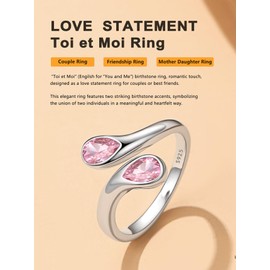 Bestyle Silver Pink Tourmaline Ring October Birthstone Ring for, Dazzling Pink Gemstone Teardrop Ring, TOI et Moi Love Ring for Best Friends Back to School Christmas