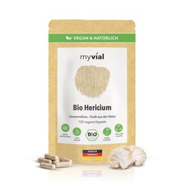 Organic Hericium Capsules Pack of 120 - Lion's Mane Powder High Dose 1200 mg Daily - 100% Vegan & No Additives - Pure Natural Product from Fruit Body - Plastic Free - Produced in Germany