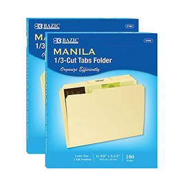 BAZIC Manila File Folder 1/3 Cut Letter Size 11 5/8" x 9 /2", Left Right Center Tabs Positions, for Organizing Filing Document Storage, Total 200-Count