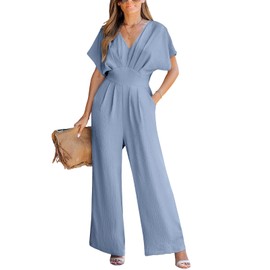CUPSHE Women's Jumpsuit V-Neck Short Dolman Sleeve Jumpsuit Wide Leg Romper Long Playsuit Summer Elegant Trouser Suit, blue, M