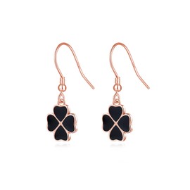 Reffeer Solid 925 Sterling Silver Clover Flower Drop Earrings for Women Teens Black Flower Dangle Earrings Hooks for Summer Spring (C-Rose Gold)