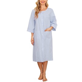 Bloggerlove Cotton Nightgowns for Women Housecoats Snap Front House Dress Duster Mumu Dresses Button Up Lounger Dress Lightweight Robe Blue S