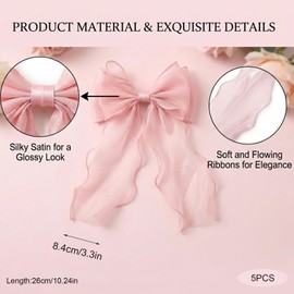 5PCS Mermaidcore Satin Hair Bows for Women Girls, Large Long Tail Ribbon Barrettes Bow Clips, Elegant Festival Party Hair Accessories (Blue, Beige, Purple, Pink, Red)