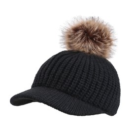 Arctic Paw Kids Cable Knit Beanie with Faux Fur Pompom and Brim Shade
