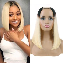 Huarisi Short U Part Bob Wigs Ombre for Women 12 Inches, 1B613 Bob Human Hair Wig None Lace, U Shape Black Roots to Bleach Blonde Bob Wig Blend Natural