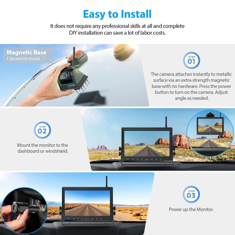 Wireless 10.1" Car Monitor DVR Magnetic Solar Backup Camera Reverse