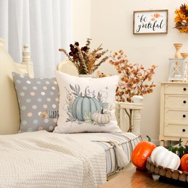 GEEORY Fall Pillow Covers 18 x 18 Inch Set of 4, Striped Buffalo Plaid Polka Dots Pumpkins Leaves Decorative Farmhouse Throw Cushion Cases Indoor Decoration Home Decor for Sofa Couch (Grey)