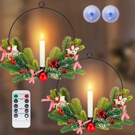 Christmas Santa Front Door Wreaths: 15" Christmas Garland Door Decorations with LED Taper Candles, Santa, Pine Cones, Xmas Balls, Window Christmas Fireplace Wreath Decorations - 2 Pack