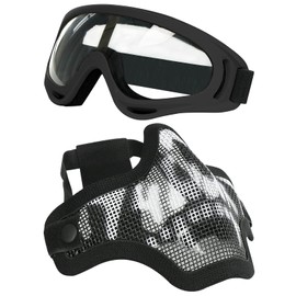 AOUTACC Airsoft Mask and Goggles Set, Half Face Full Steel Mesh Mask and Goggles for CS/Hunting/Paintball/Shooting (Black Skull Mask)