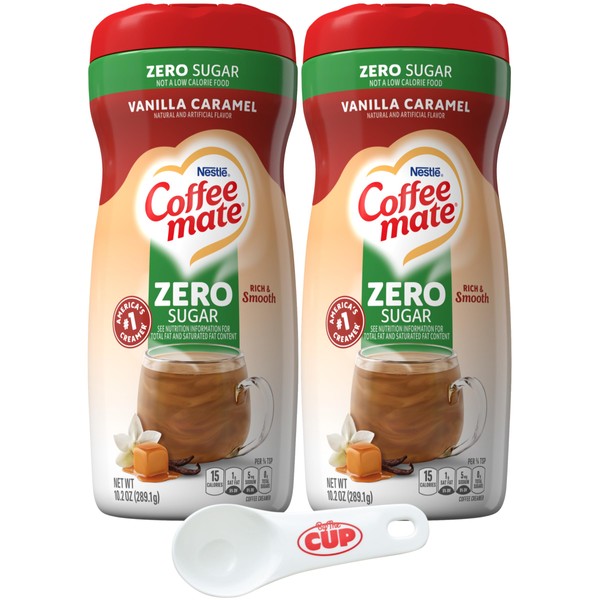 Coffee mate Vanilla Caramel Sugar Free Powdered Creamer, 10.2 oz Canister (Pack of 2) with By The Cup Coffee Scoop