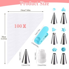 soodyoow 100 Stück Spritzbeutel Einweg Set, mit 6 verschiedenen Edelstahl Spritztüllen, 1 Kuchen Kupplung und 1 Spritzbeutel Klammern, für Dekorieren Von Gebäck, Torten Geeignet, Keksen, Cupcakes