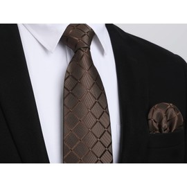 HISDERN Brown Ties for Men Plaid Checkered Tie and Pocket Square Cufflinks Tie Clip Set Silk Woven Men's Neckties Formal Business Wedding Necktie