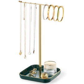 Jewelry Holder Stand with Ceramic Base: 12" Tall Necklace Organizer Rack, Tree Design Display Storage for Necklaces, Bracelets, Rings, Earrings, Aesthetic Room Décor for Girls and Women, Green