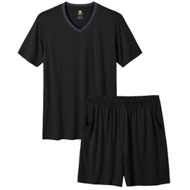 JINSHI Men Short Sleeve Sleepwear Pajama Set Lightweight V-Neck Home Lounge Set with Pocket Home Yoga Black,M