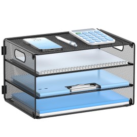 DALTACK Bandeja organizadora de papel de 3 niveles con asa, organizador de archivos de escritorio de malla, bandeja de papel organizador de escritorio