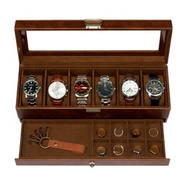 GLOBAL KA Luxury Dual-Layer Men's Watch Box & Jewelry Storage Case | 6-Slot Watch Holder Organizer for Men + Jewelry Compartment