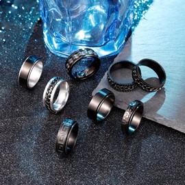 NICEIGHT 8Pcs Stainless Steel Spinner Rings for Men Women Black Fidget Rings for Anxiety Relief Band Rings Cool Chain Fashion Ring Set Size 7-13 Size 7