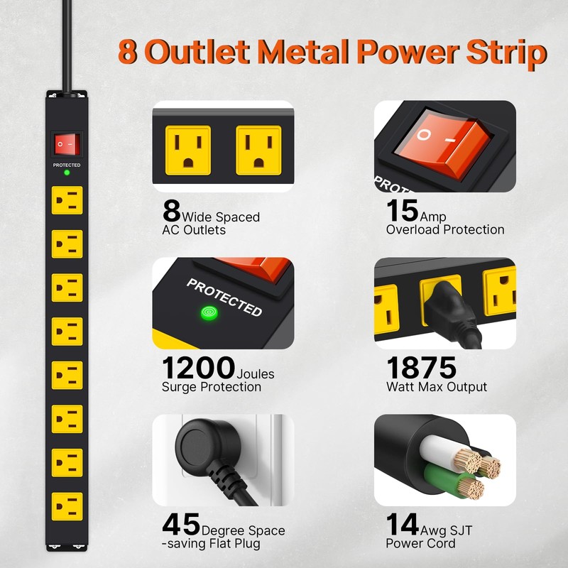 ANNQUAN Metal 8 Outlet Mountable Power Strip with 1200J Surge