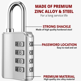 2 Pack Resettable Combination Padlock 4 Digit with Keys Heavy Duty Security Lock for Gym, School, Sports, Employee Lockers, Fence, Gate, Toolbox, Suitcase and More, Zinc Alloy Body (Silver)