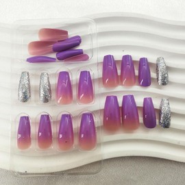 Coffin Press on Nails Medium Fake Nails with Silver Glitter Designs Purple Gradient Full Cover Glue on Nails Press ons Acrylic Stick on Nails Glossy for Women 24 Pcs