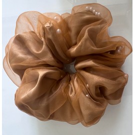 Dark Amber Gold Organza Jumbo Scrunchie for Hair, Oversized Tulle Ruffle Elastic Hair Tie Scrunchie for Women, with Gracefully Shifting Pearls Design - 1 Piece