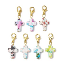 Ipotkitt 70pcs 7 Styles Cross Shaped Synthetic Turquoise Charms with Lobster Claw Clasps Crucifix Keychains Religion Theme Hanging Ornaments for DIY Bag Decor