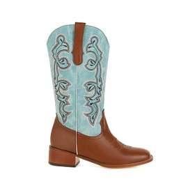 UTIKLIOU Cowboy Boots for Women Western Cowgirl Boots Embroidered Mid Calf Boots Square Toe Medium Block Chunky Heel Stitching Pull-on Boots for Ladies (Blue Size 8.5)