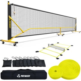 Pickleball Net with Court Marking Kit and Wheels, Portable 22 FT Regulation Size Pickle Ball Set for Outdoor Driveway Indoor, Nets System with Tension Adjuster, Court Lines and 8 Sandbags