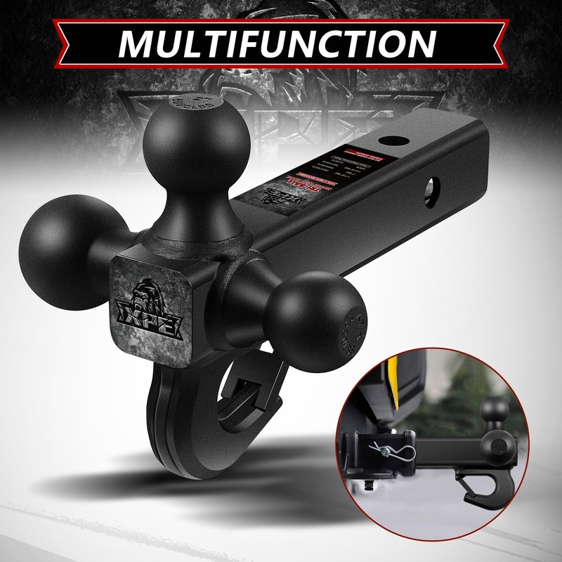 Trailer Hitch Tri Ball Mount with Hook,Fits 2” Hitch Receiver,1-7/8",