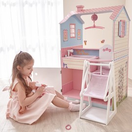 Olivia's Little World - All in One 16-18 inch Baby Doll Wooden Nursery Center - Double Sided Dollhouse for Baby Dolls with Swings - Multi- Functional Changing Station - Pink & Blue