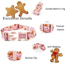 Elegant little tail Dog Collar, Christmas Pet Collar Adjustable Collar for Small Medium Large Dog Soft Puppy Collars with Quick Release Buckle Pink Dog Collar(XS, Gingerbread man)