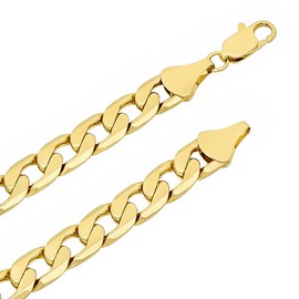 Men's 9.5mm Large 14k Yellow Gold Plated Flat Cuban Link Curb Chain Necklace, 30 inches