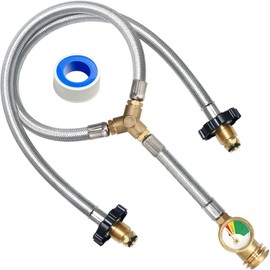 Roastove Stainless Braided Y Splitter, Universal Two Way POL&QCC Y Splitter Hose with Gauge to Connects 5-100lbs Propane Tank for Grill, Heater, Fire Pit, Fireplaces