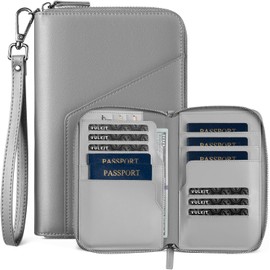 VULKIT Portapasaportes Familiar para 4 Pasaportes - Cartera RFID, Capacidad para 5, Organizador con 4 Ranuras para Tarjetas y SIM, Cierre Seguro, Esenciales para Viajes Familiares, Gris