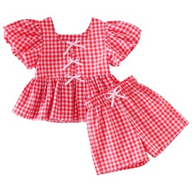 Toddler Girls Clothes Set Ruffle Sleeve Hem Top Cardigan Elastic Waist Shorts Plaid Printed Summer 2Pcs Outfits (Red,3-4 Years)