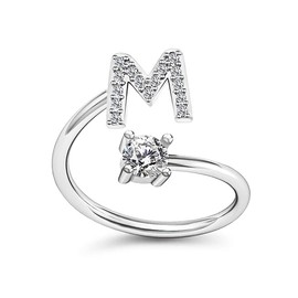 HUJUON Silver Initial M Letter Ring for Women. Adjustable Crystal Alphabet Ring,Name Initials Stackable Knuckle Rings CZ Open Ring