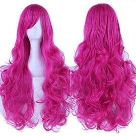 IMISSU 80 cm Long Curly Natural Hair Cosplay Wig with Fringe Colourful Halloween Costume Party Wigs for Women (Rose)