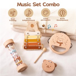 Wooden Teether Musical Instrument Toy Set of 4 Rattles, Wooden Toys, Montessori Musical Toys, Xylophone, Castanet, Tambourine, Rainbow Maker, Toddler, Educational Toy, Percussion Instrument, 1st Year,