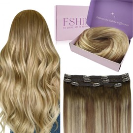 Fshine Clip in Human Hair Extensions 12 Inch 50g Dark Brown to Ash Brown and Golden Blonde Ombre Hair Clip in Extensions Straight Hair 3pcs Clip in Real Hair Extensions