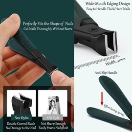 3-Piece Nail Clipper Set for Thick Nails – Heavy Duty Toenail Clippers with Nail File & Cuticle Pusher – Ergonomic Grip, Wide Jaw Design with Catcher (Dark Green)