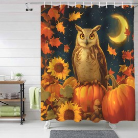 Fabric Shower Curtain for Bathroom, Fall Night Owl Custom Shower Curtain Set with Hooks, Luxury Bathroom Curtains, Pumpkin Maple Leaf Waterproof Polyester Bathroom Accessories, 72x84inch